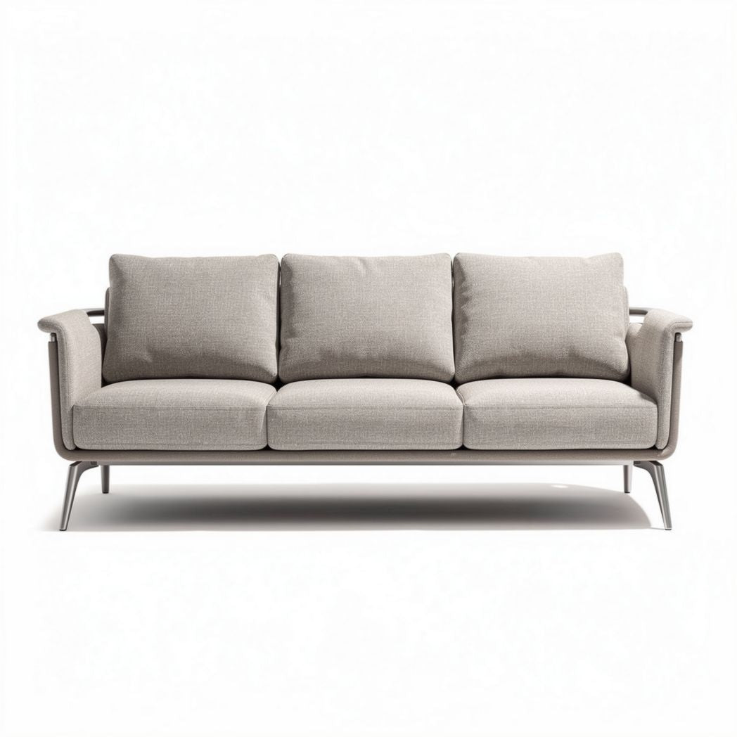 Wohnlandschaft aus grau meliertem stoff mit metallgestell 200 x 80 x 85cm