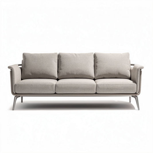 Wohnlandschaft aus grau meliertem stoff mit metallgestell 200 x 80 x 85cm
