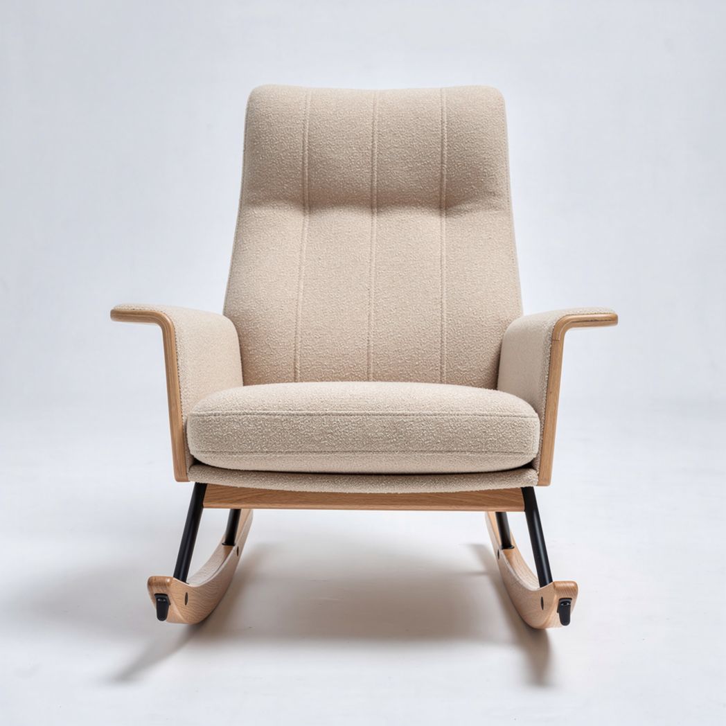 Schaukelstuhl aus beige textil mit holzrahmen und metallgestell 80 x 75 x 90cm