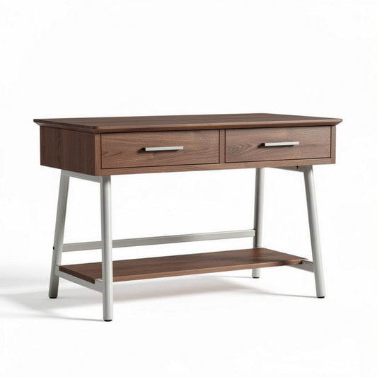 Schreibtisch aus holz mit metallsockel und zwei schubladen 120 x 60 x 75cm